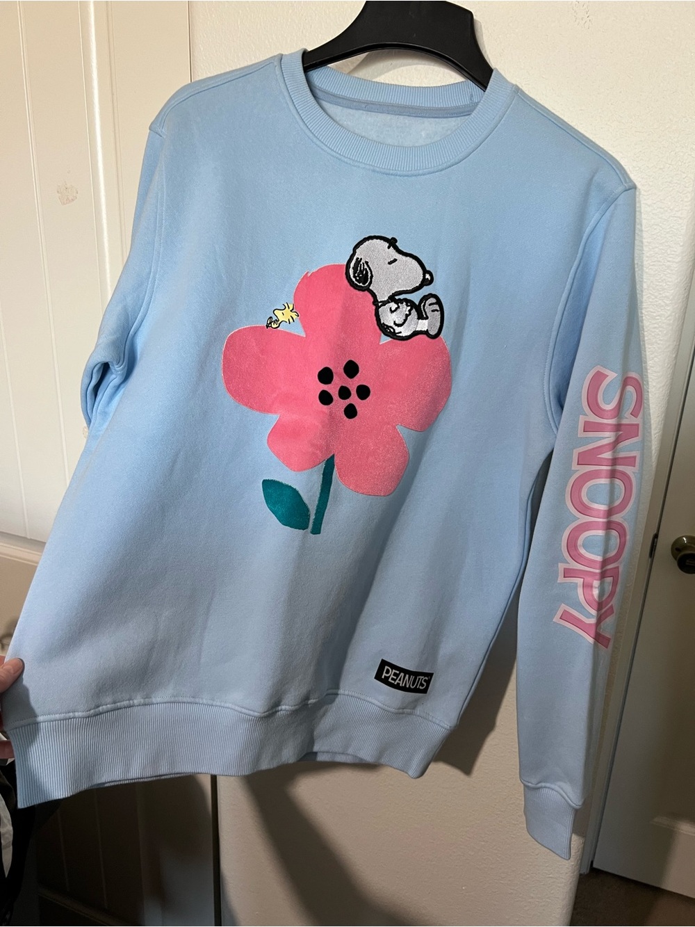 Peanuts Freeze Max Light Blue Crewneck with Pink Flower & Snoopy Graphic - Picture 11 of 15